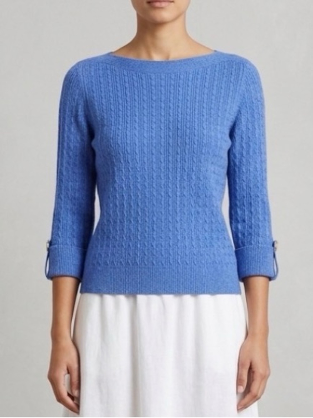 Blue Cable Knit Women's 3/4 Sleeve Spring Summer Sweater